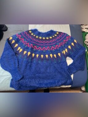 80s Retro Inspired Royal Blue Fuzzy Fair Isle Turtleneck Sweater